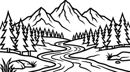 Fototapeta premium Mountain landscape line art: A stylized line art illustration depicts a majestic mountain range towering over a winding river and lush pine forest, creating a serene and natural vista.