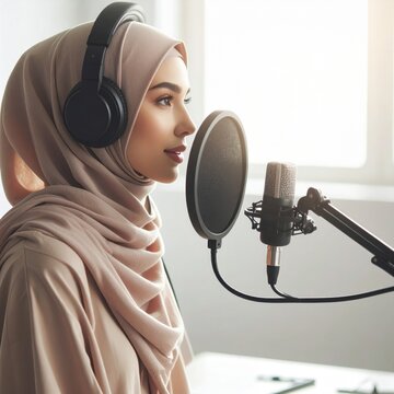 Young woman in hijab wearing headphones recording podcast or audiobook into professional microphone