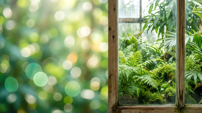 View through a glass door into a lush green garden with bright sunlight