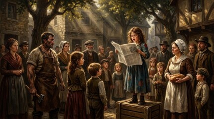 Fototapeta premium Girl reading news to crowd in medieval town square.