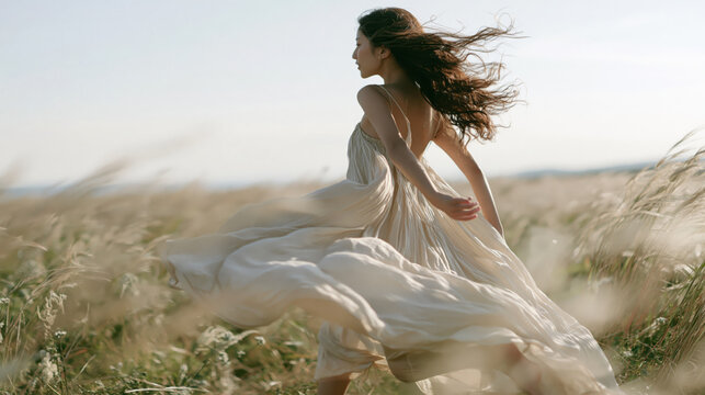 Asian woman runs through a sunny meadow in a flowing dress.
