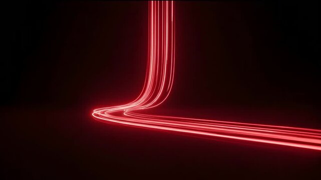 Red Neon Light Streams Dropping Vertically and Flowing Horizontally Across Surface