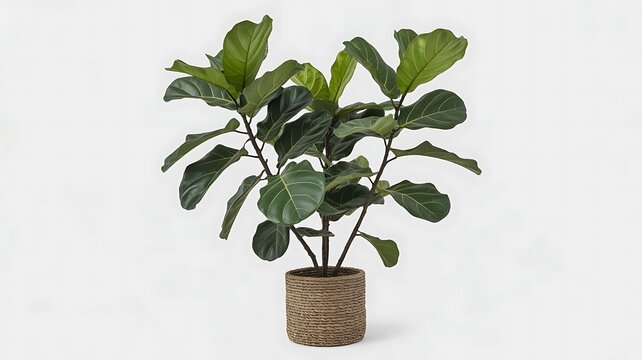 Fiddle leaf fig stands in a woven pot within a bright interior room.