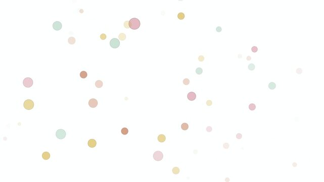 Dozens of flat blush pink mint green mustard yellow and terracotta circular speckle chips scatter inward into a terrazzo cluster then gently float and rotate