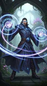 A powerful male mage in ornate blue robes conjures glowing magical energy with his hands amidst ancient ruins.