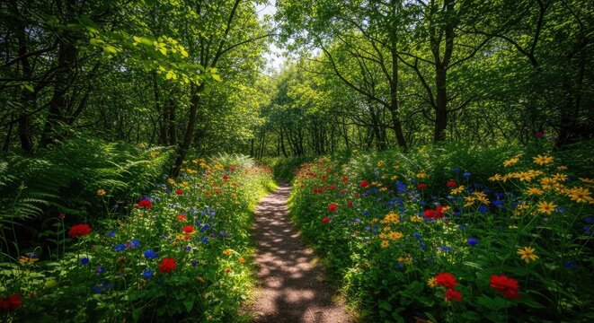 Enchanting Forest Trail Surrounded By Vibrant Wildflowers