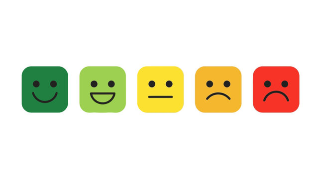 Colored square satisfaction icons with various faces showing diverse emotional responses for customer feedback service rating