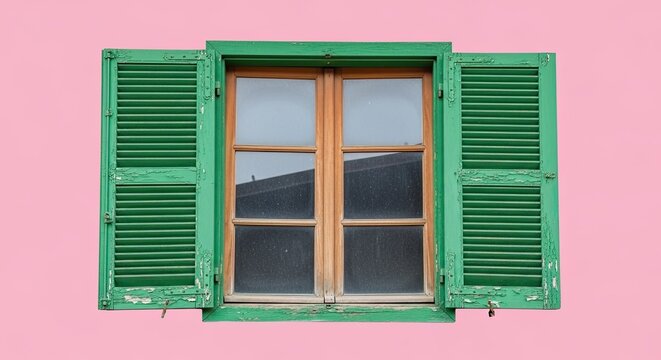 Rustic Green Window With Open Shutters On A Pink Wall