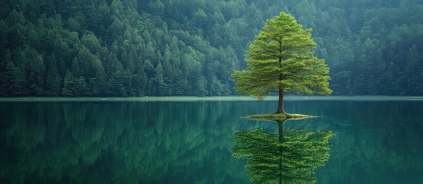 Lonely Tree On A Small Island In A Serene Forest Lake