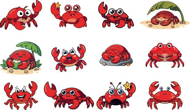 Cute Happy Crab cartoon illustration on white