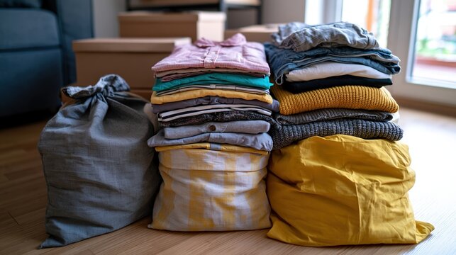 Home donation sorting station with folded shirts, knitwear, and reusable fabric bags