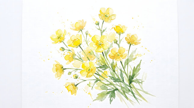 Hand painted watercolor yellow buttercup flowers and green foliage with artistic paint splashes