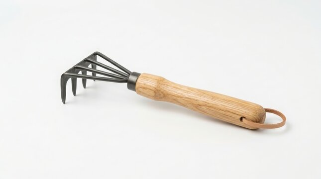 Small handheld garden rake with wooden handle on white background gardening handheld agriculture cultivator equipment outdoors backyard planting landscaping maintenance preparation