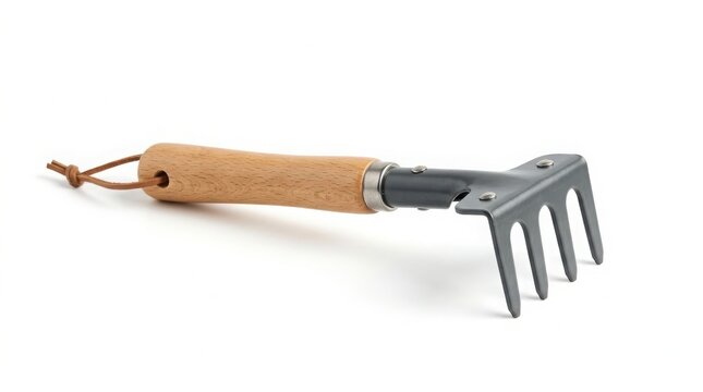 Small garden hand rake with wooden handle gardening agriculture cultivator equipment planting backyard landscaping maintenance implement isolated background gardener