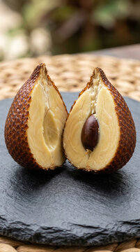 Two halves of a ripe snake fruit are displayed on a dark surface.