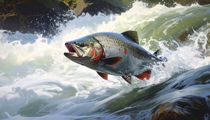 Fototapeta premium Piranha fish swimming in fast current river water, dynamic wildlife action shot in nature