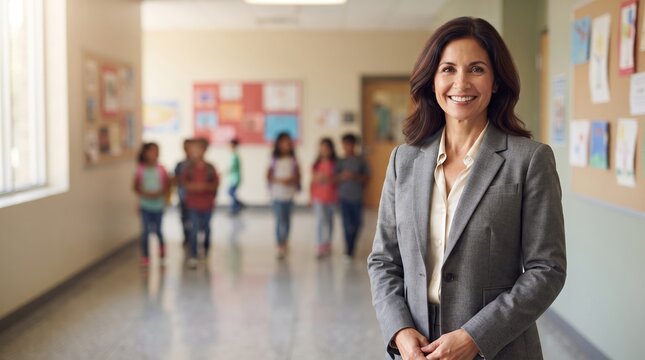 Confident female school principal smiling in hallway with students in background