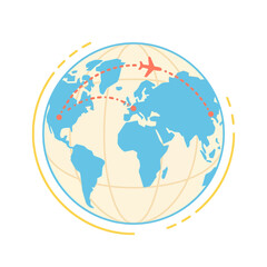 Fototapeta premium Airplane flying around world map, travel routes, global tourism concept