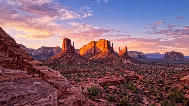 Sunset over Monument Valley with Iconic Sandstone Buttes and Desert Cacti