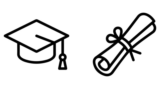 Academic success elements include black outline graduation hat and rolled diploma scroll with ribbon.