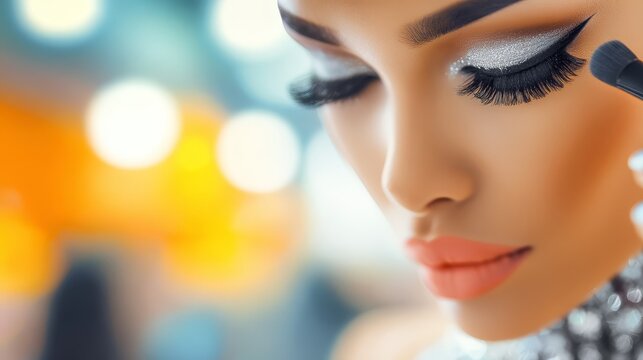 Close up of beautiful woman getting professional makeup application with shimmering eyeshadow