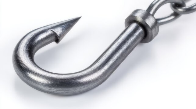 Macro view of sharp metal fishing hook attached to iron link chain against clean white background