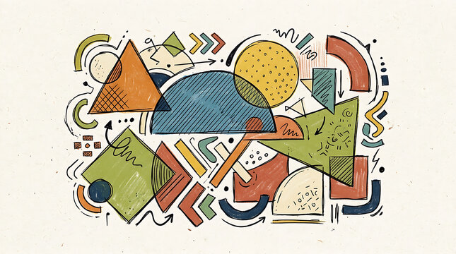 Hand drawn geometric shapes illustration with colorful lines and textures