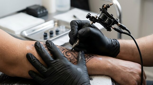 Close up of tattoo artist inking a design on an arm