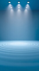 Obraz premium Abstract blue studio backdrop with concentric ripples and bright overhead spotlights shining down on empty floor space for display