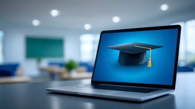 Laptop showing graduation cap icon symbolizing online education for students and remote digital learning platform concepts