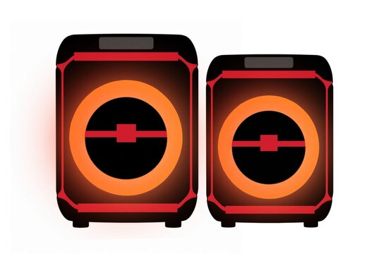 Two modern audio speakers with orange lights