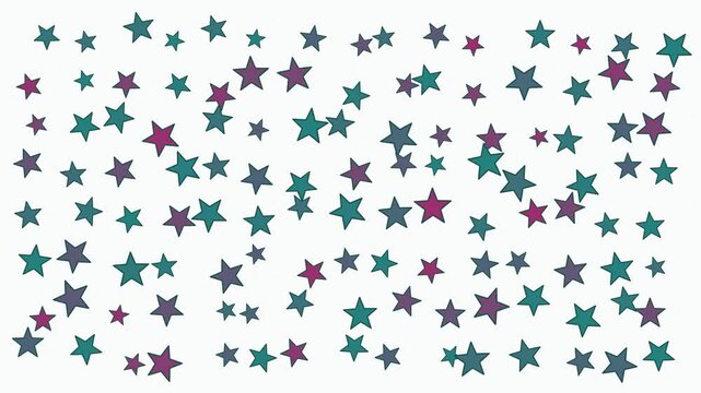 Flat teal and magenta duotone star-shaped speckle fragments with an animated grain texture crossfading between color states while gently rotating