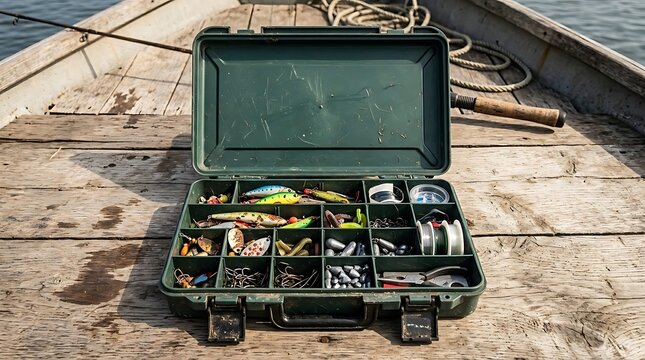 Organized green tackle box with various fishing lures