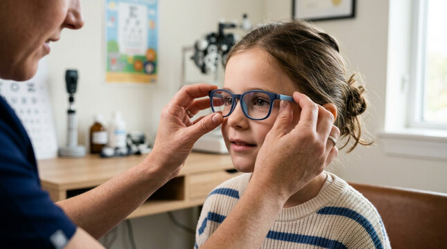 Optometrist fitting new glasses on a young girl in an examination room