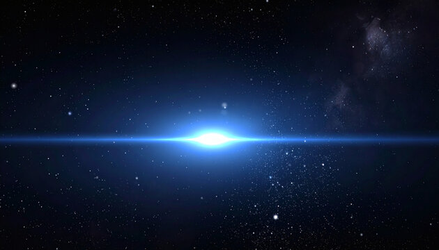 Bright blue lens flare effect glowing in dark outer space with shining stars and cosmic dust particles background texture