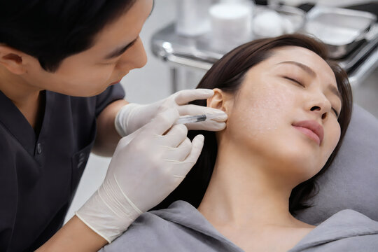Close up skin booster injection treatment on Asian woman's cheek