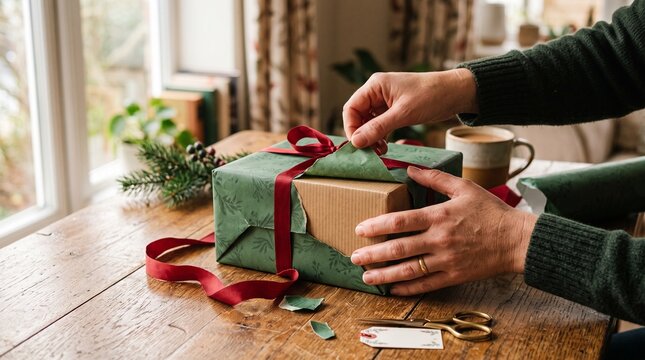 Hands wrapping a gift with green patterned paper and red ribbon on a wooden table