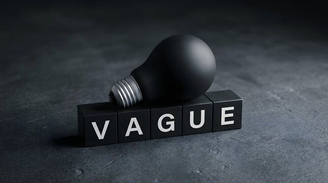 Black light bulb resting on black wooden blocks spelling the word vague, placed on a dark, textured concrete surface with subtle shadows featuring letters, concept, idea, creativity and innovation
