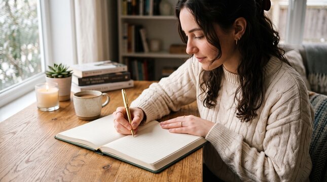 Woman writing in journal at desk with coffee and candle