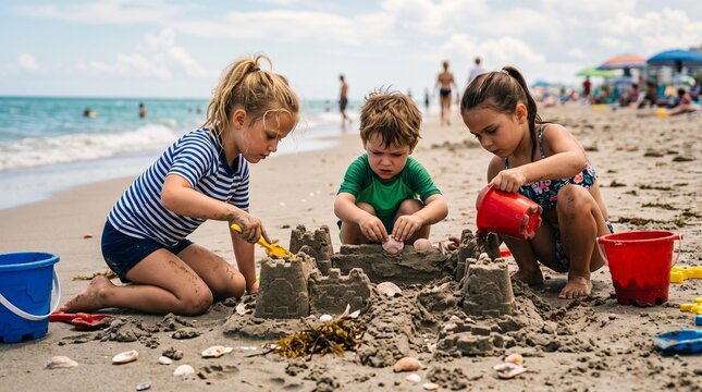 Three children building a sandcastle together on a sunny beach vacation
