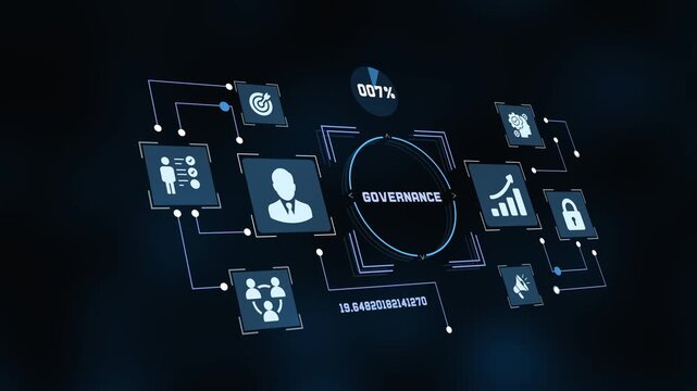 Corporate governance concept with digital HUD interface displaying technology nodes and management data analytics.