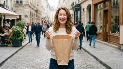 Fototapeta premium Happy Woman Holding Shopping Bag on Cobblestone Street in Paris