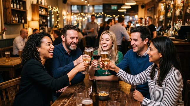Friends enjoying drinks and toasting at a lively pub