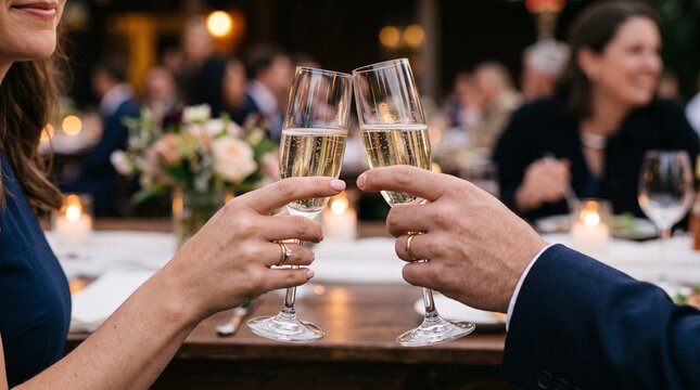 Couple clinking champagne glasses at a celebratory event with blurred background