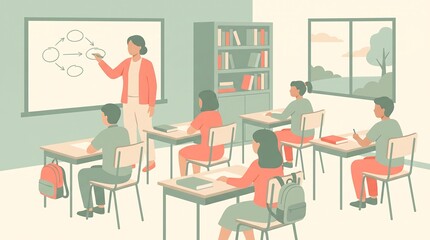 Fototapeta premium Flat vector illustration of children learning together in classroom, education concept