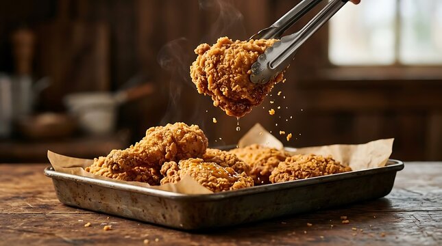 Tongs lifting a piece of crispy fried chicken from a tray