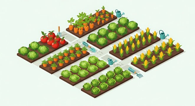 Isometric vegetable garden with rows of crops and tools on light background