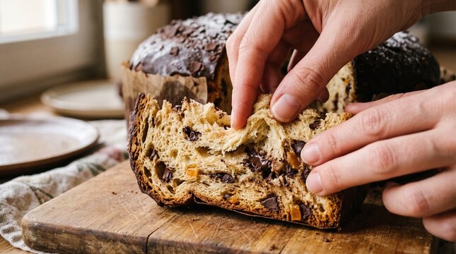 Close up of hands breaking apart a chocolate chip panettone on a wooden board