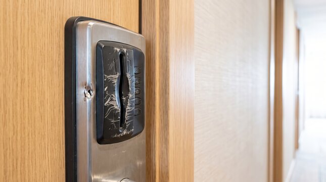 Scratched and damaged key card reader on hotel door