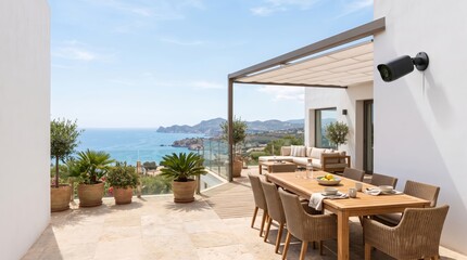 Fototapeta premium Black security camera mounted on luxury patio with ocean view
